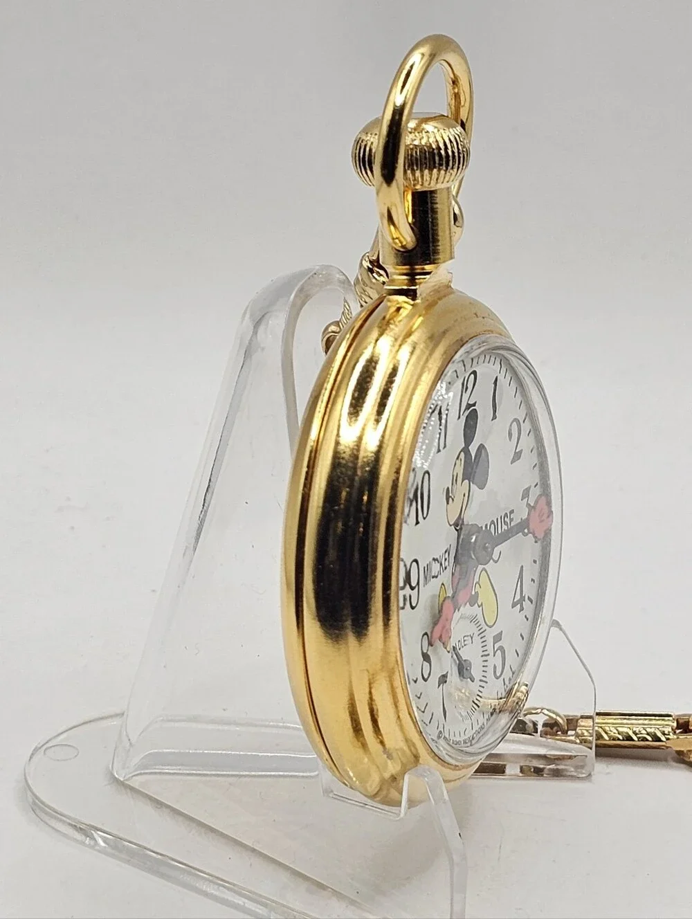 Vintage Bradley Mickey Mouse Gold Train Pocket Watch & Original Case Running